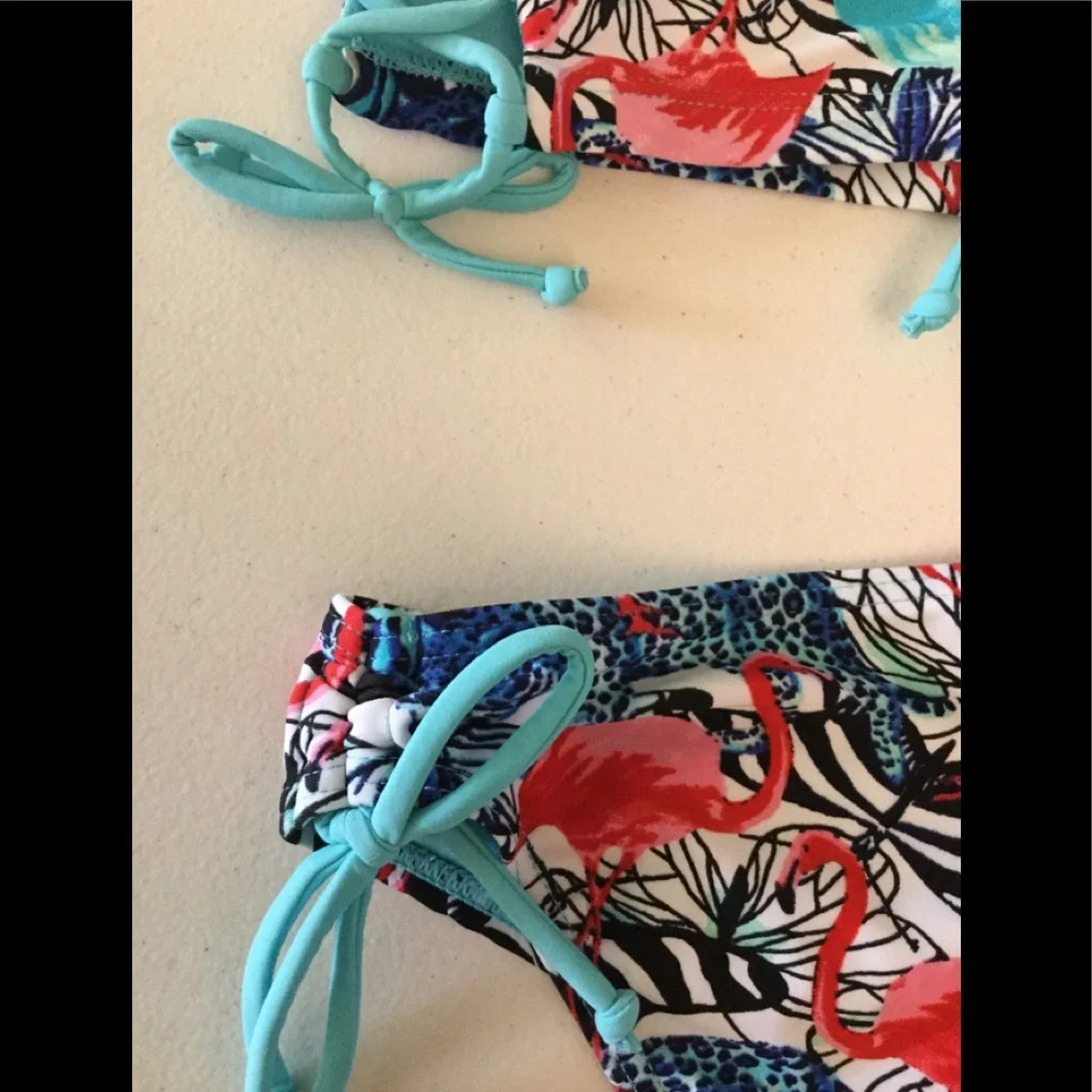 NWT sz 7/8 Vigoss adjustable straps & sides flamingo print two-piece bikini set